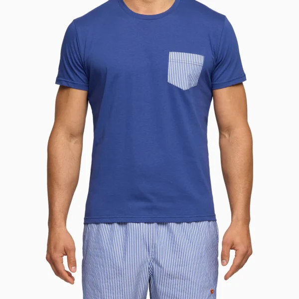 T-shirt girocollo uomo cotone tinta unita blu con taschino seersucker GALLO