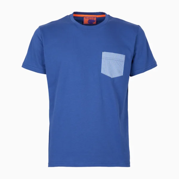 T-shirt girocollo uomo cotone tinta unita blu con taschino seersucker GALLO